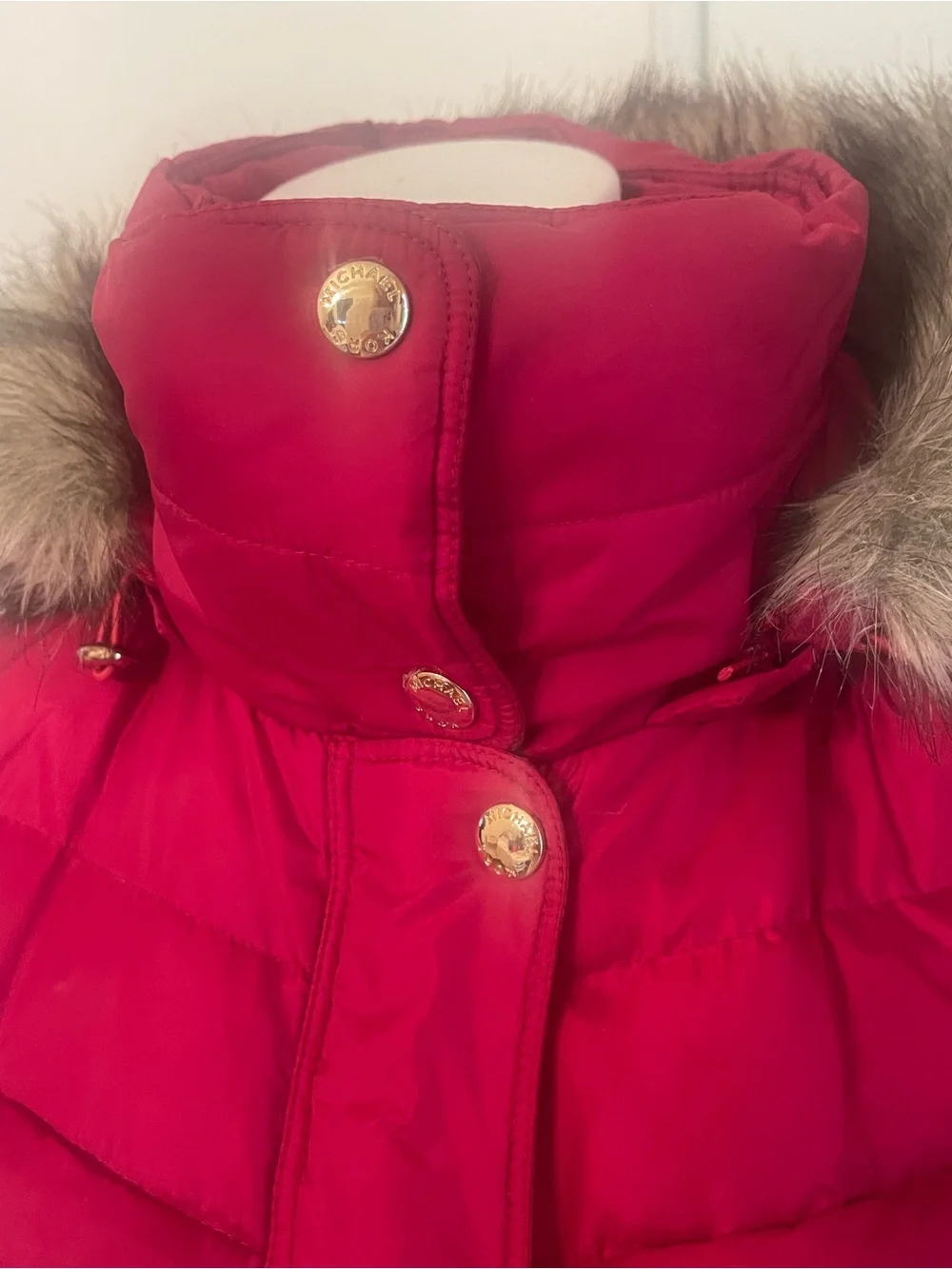 Michael Kors Red Long Quilted Puffer Coat with Faux Fur Hood
